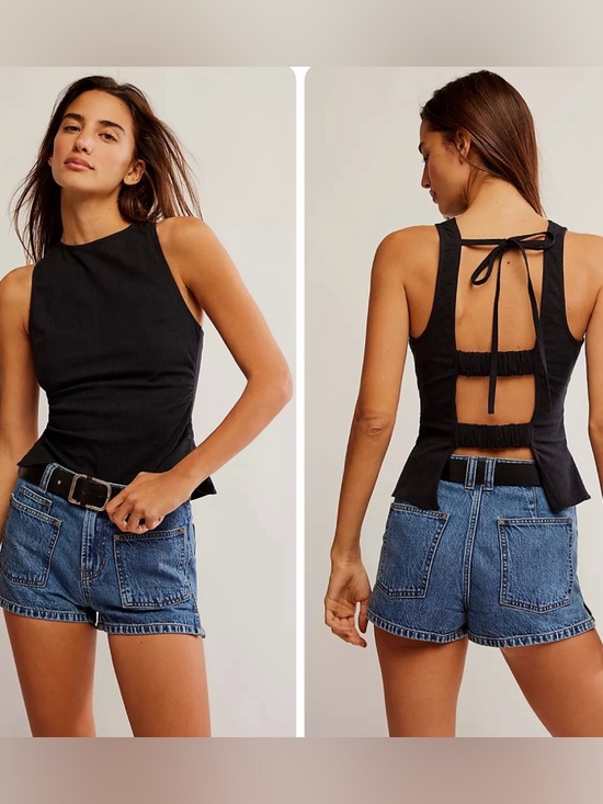 Free People Tops - Free People Kaylor Backless Top S Black Open Back Tie Sleeveless Linen Blend